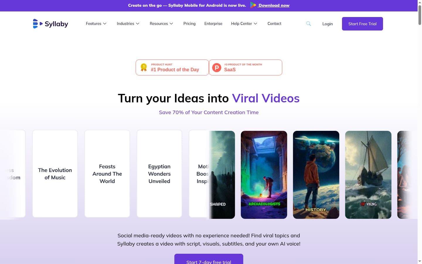 Syllaby homepage showing Turn your Ideas into Viral Videos with AI-generated video examples and Product Hunt number one Product of the Day badge