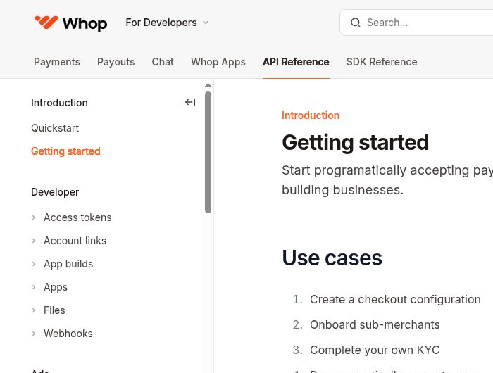 Whop developer documentation showing the API reference sidebar with Webhooks section, SDK installation, and available use cases including checkout configuration and webhook setup