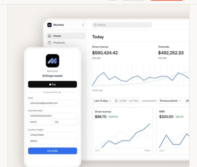 Whop seller dashboard showing gross revenue, MRR metrics, and revenue trend charts alongside the mobile checkout experience