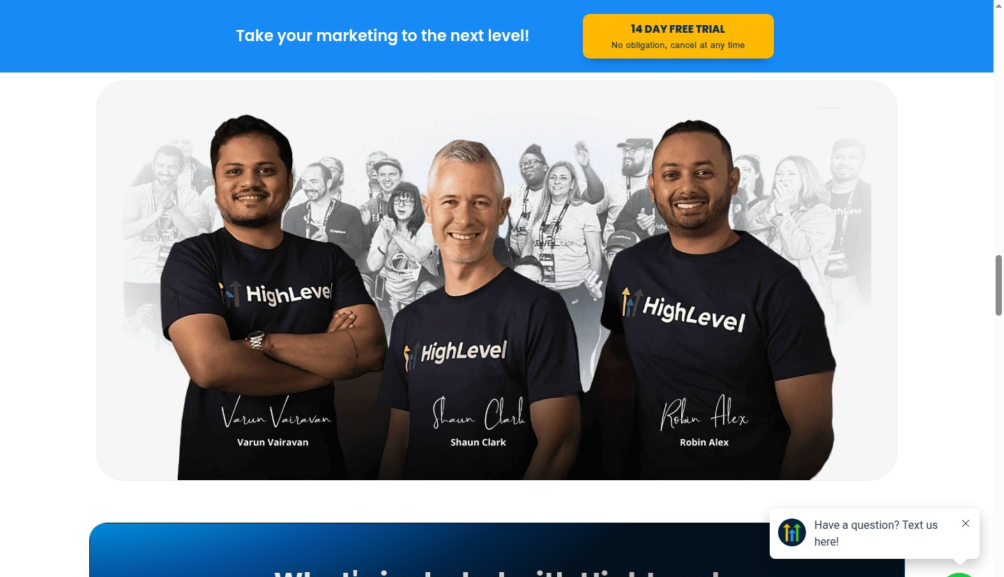 GoHighLevel founding team - CEO Shaun Clark, CTO Varun Vairavan, and COO Robin Alex at a HighLevel Summit event with the agency community that powers 60,000+ businesses worldwide