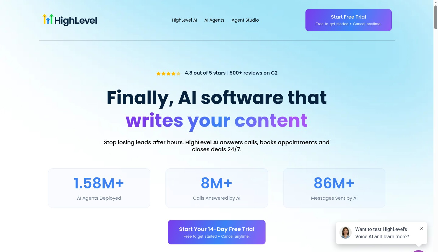 GoHighLevel AI Employee landing page - autonomous AI agent that handles email, SMS, and voice conversations 24/7 with real-time lead qualification and appointment booking