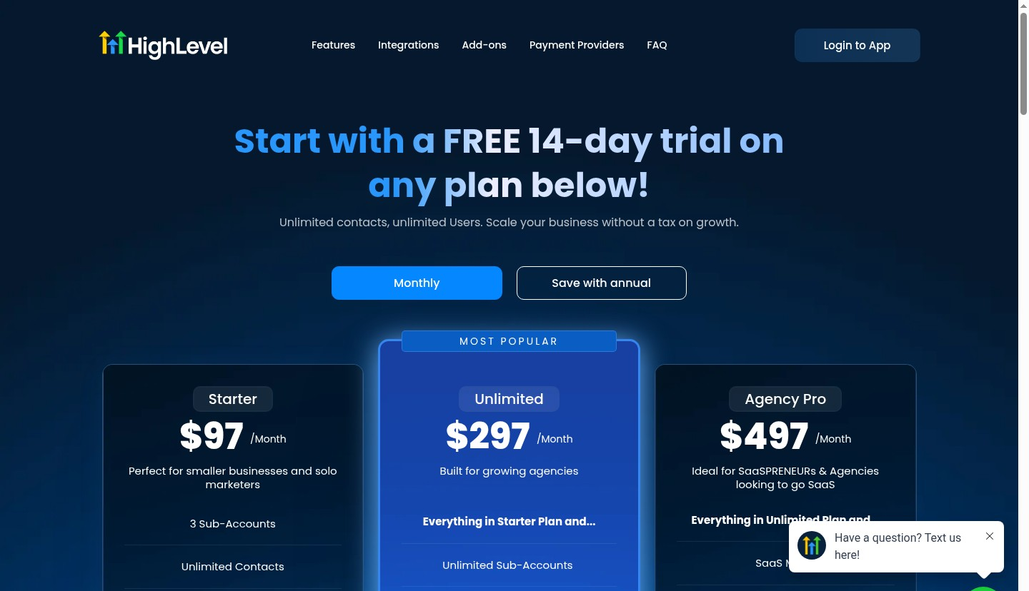 GoHighLevel pricing page 2026 - Starter plan at $97/month with 3 sub-accounts, Unlimited plan at $297/month (most popular) with unlimited sub-accounts, and SaaS Pro at $497/month with SaaS Mode for white-label reselling