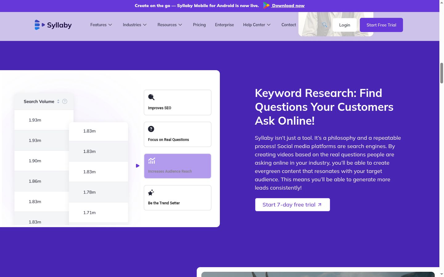 Syllaby keyword research feature showing search volume data with millions of monthly searches, Improves SEO and Focus on Real Questions and Increases Audience Reach features for finding questions your customers ask online