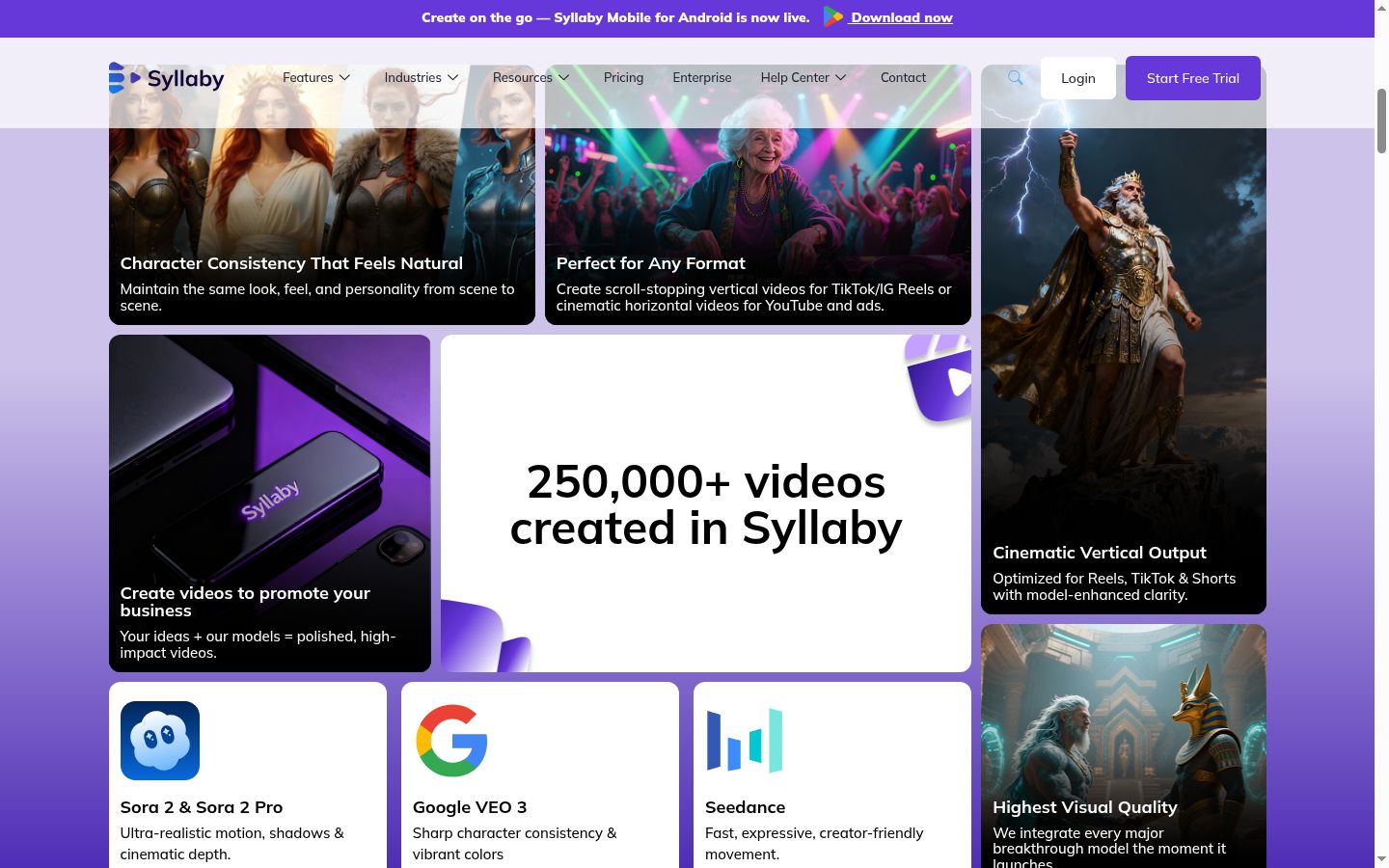 Syllaby platform showing 250,000 plus videos created, AI video models including Sora 2 and Sora 2 Pro for ultra-realistic motion, Google VEO 3 for sharp character consistency, and Seedance for fast creator-friendly movement, with Cinematic Vertical Output optimized for Reels TikTok and Shorts