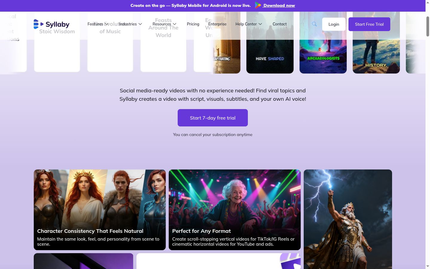 Syllaby features showing Character Consistency That Feels Natural maintaining the same look and personality from scene to scene, Perfect for Any Format creating vertical videos for TikTok and Reels or cinematic horizontal for YouTube, and AI-generated character examples