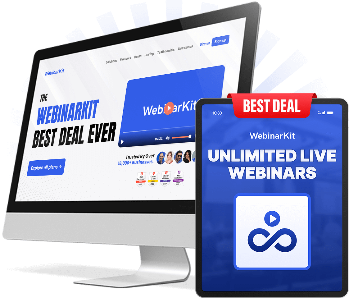 WebinarKit automated webinar and live webinar platform interface showing device mockups across desktop and mobile