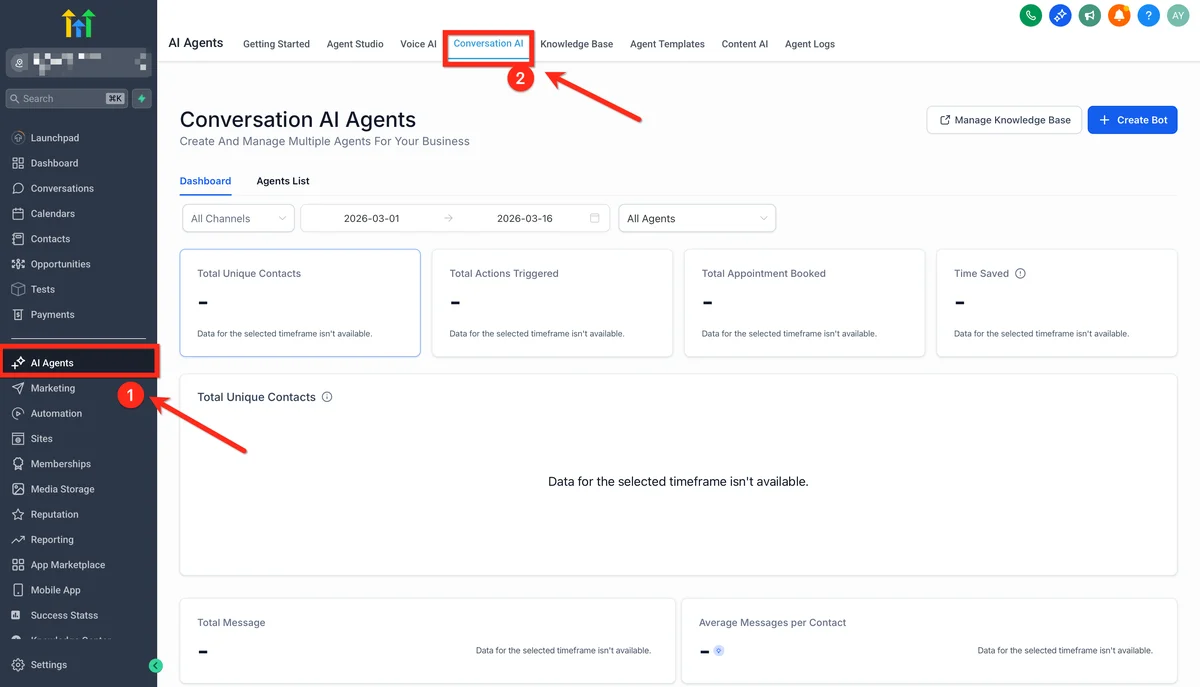 Panel de configuración de Conversation AI de GoHighLevel con datos de entrenamiento del bot, reglas de respuesta y configuración de chat