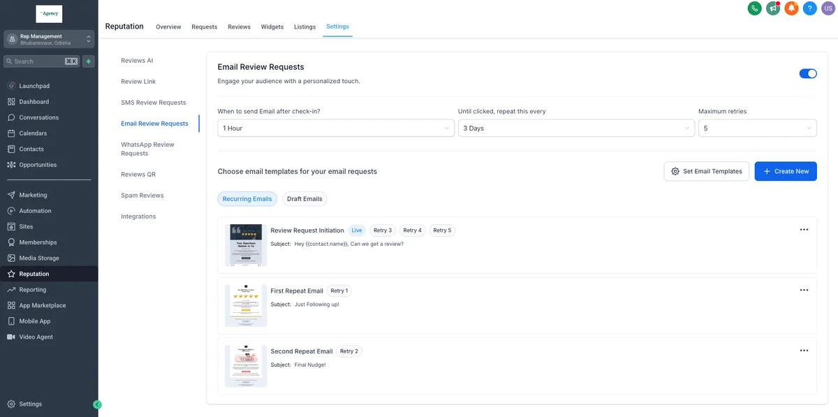 GoHighLevel workflow recipes reputation dashboard showing star ratings, review sources, response rate, and sentiment tracking