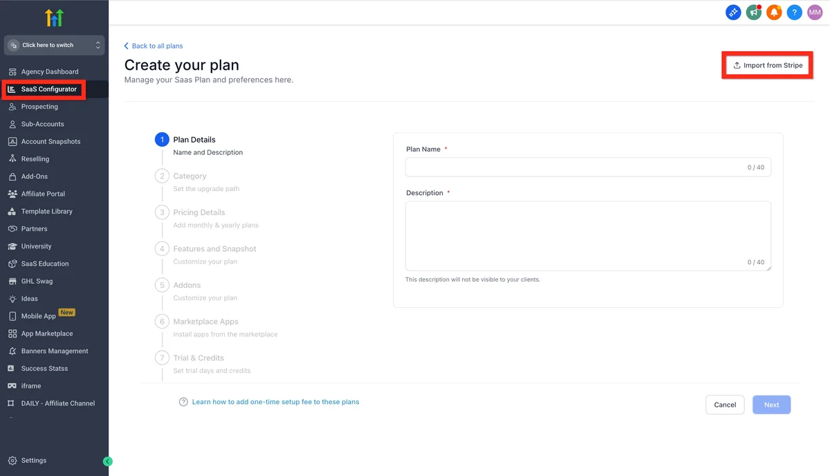Configurador SaaS de precios de GoHighLevel con opciones de marca blanca, configuración de facturación y controles de precios para clientes